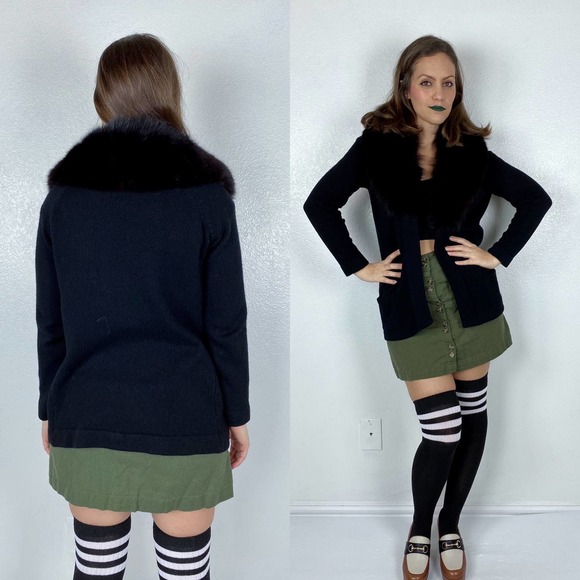 vintage 60s Black Real FOX Fur Collar CASHMERE CARDIGAN Medium real fur draped - Picture 9 of 10